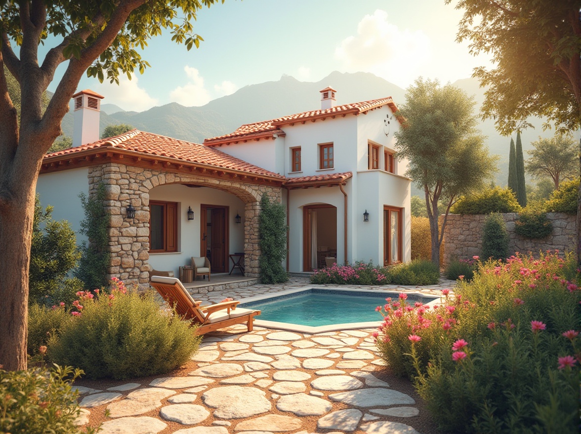 Prompt: Warm villa, Mediterranean architecture, creamy white walls, terracotta roof tiles, lush greenery, blooming flowers, natural stone pathways, wooden accents, earthy tones, soft peach hues, calming blue shades, vibrant coral colors, warm golden lighting, shallow depth of field, 1/1 composition, realistic textures, ambient occlusion.