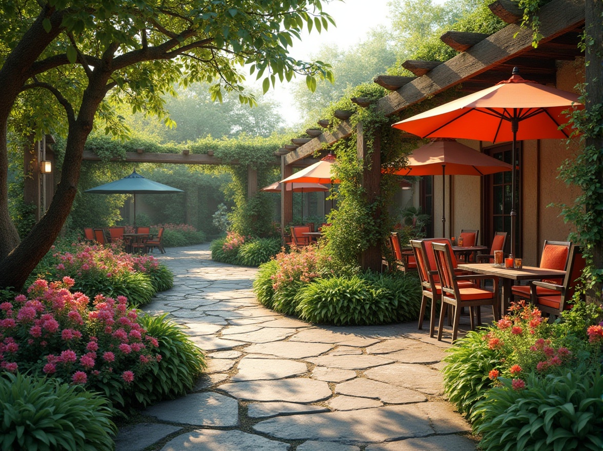 Prompt: Vibrant gardens, lush greenery, blooming flowers, winding walkways, cozy seating areas, natural stone patios, wooden pergolas, modern outdoor furniture, colorful umbrellas, string lights, lanterns, soft warm lighting, shallow depth of field, 3/4 composition, panoramic view, realistic textures, ambient occlusion.