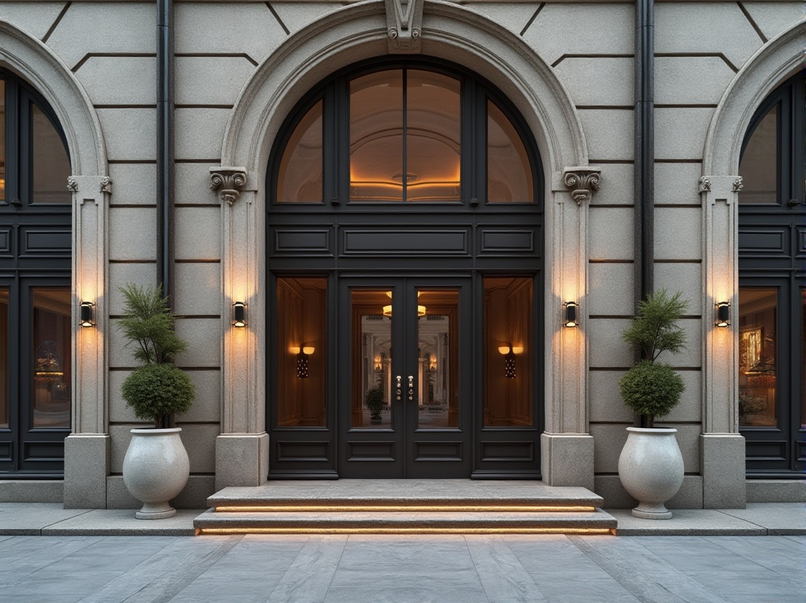 Prompt: Elegant building facade, ornate details, grand entrance, symmetrical composition, neutral color palette, textured stone walls, metallic accents, large glass windows, minimalist ornamentation, subtle LED lighting, urban cityscape, morning fog, soft warm glow, shallow depth of field, 2/3 composition, realistic reflections, ambient occlusion.