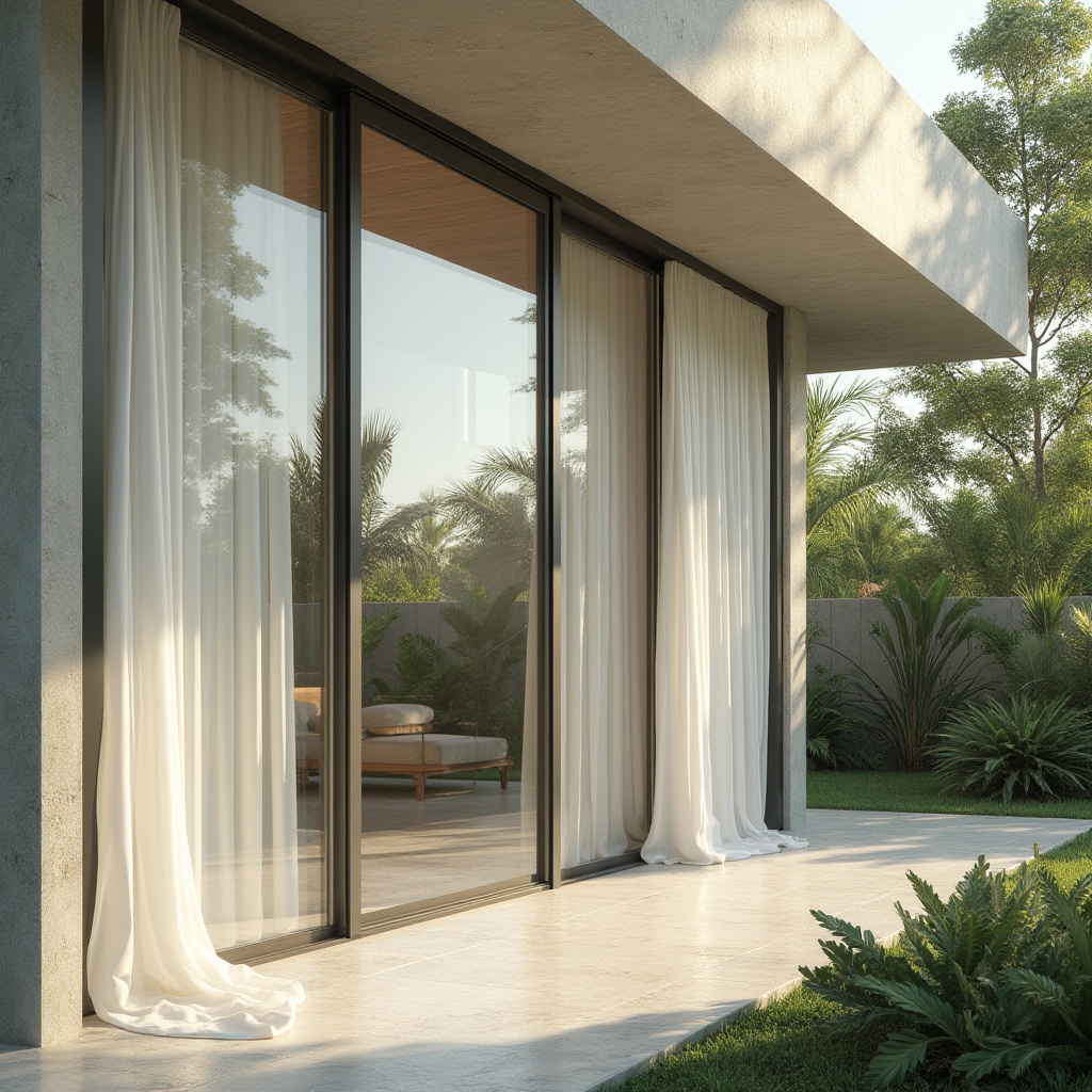 Prompt: Luxurious villa facade, floor-to-ceiling windows, sliding glass doors, minimalist drapery, flowing white curtains, sheer fabric panels, metallic blinds, sleek roller shades, modernist architecture, tropical outdoor setting, lush greenery, palm trees, warm sunny day, soft natural lighting, 1/1 composition, shallow depth of field, realistic textures, ambient occlusion.