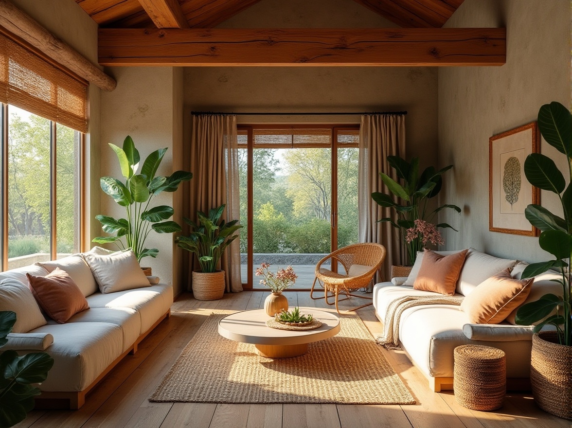 Prompt: Cozy living room, reclaimed wood flooring, natural stone walls, earthy color palette, plush area rugs, comfortable sectional sofas, woven wicker furniture, greenery-filled planters, floor-to-ceiling windows, soft warm lighting, warm beige curtains, organic shapes, minimal ornamentation, calming atmosphere, nature-inspired accents, woven bamboo shades, rustic wooden beams, tranquil ambiance.