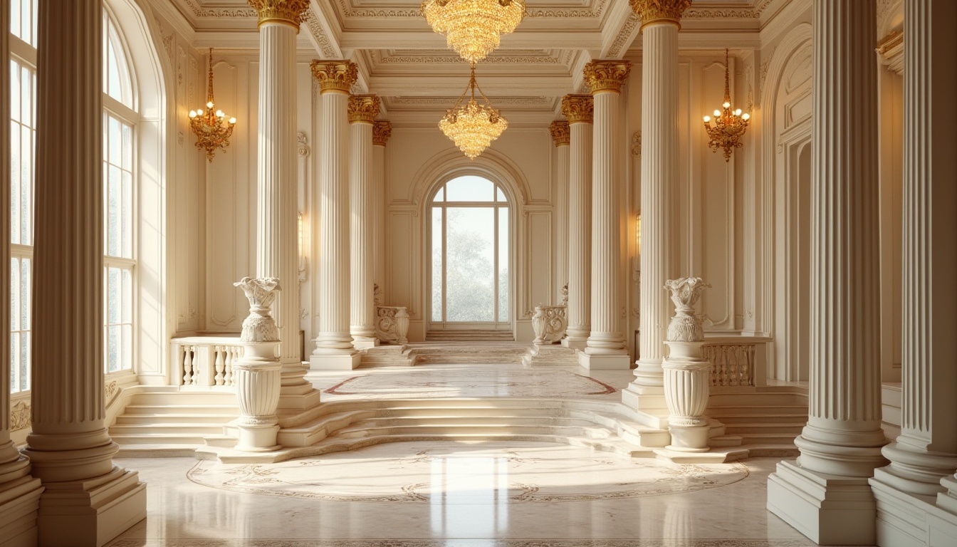 Prompt: \Elegant neoclassical building, ornate columns, intricate carvings, grand entrance, sweeping staircases, rich marble floors, opulent chandeliers, soft creamy whites, warm beige tones, muted gold accents, deep berry reds, luxurious emerald greens, subtle cream textures, ornate moldings, refined architectural details, warm natural light, shallow depth of field, 2/3 composition, symmetrical framing, realistic render.\