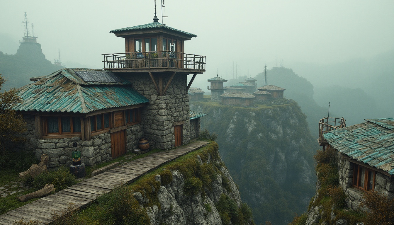 Prompt: Watchtower, rustic stone walls, wooden accents, natural materials, eco-friendly roofing, solar panels, wind turbines, green roofs, recycled metal beams, reclaimed wood flooring, earthy color palette, moss-covered surfaces, overgrown vegetation, misty atmosphere, soft diffused lighting, shallow depth of field, 3/4 composition, panoramic view, realistic textures, ambient occlusion.