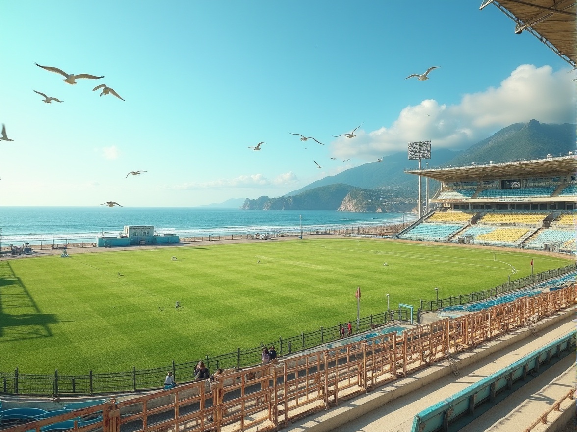 Prompt: Vibrant sports fields, coastal landscape, soft green grass, weathered wooden bleachers, rusty metal fences, ocean-inspired blue tones, sandy beige accents, sunny day, clear blue sky, seagulls flying overhead, refreshing sea breeze, natural textures, realistic shading, 3/4 composition, panoramic view, warm atmospheric lighting, shallow depth of field.