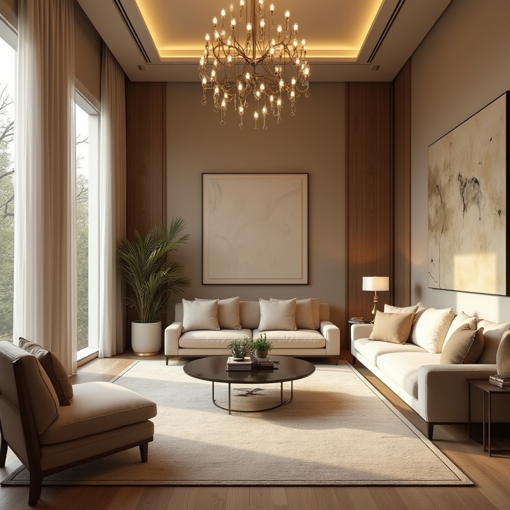 Prompt: Luxurious living room, warm beige walls, rich wood flooring, comfortable sofas, plush throw pillows, elegant chandeliers, floor-to-ceiling windows, natural daylight, soft warm lighting, 1/1 composition, shallow depth of field, realistic textures, ambient occlusion, minimalist decor, sleek modern furniture, metallic accents, abstract artwork, statement rugs, cozy reading nooks, intimate conversation areas.