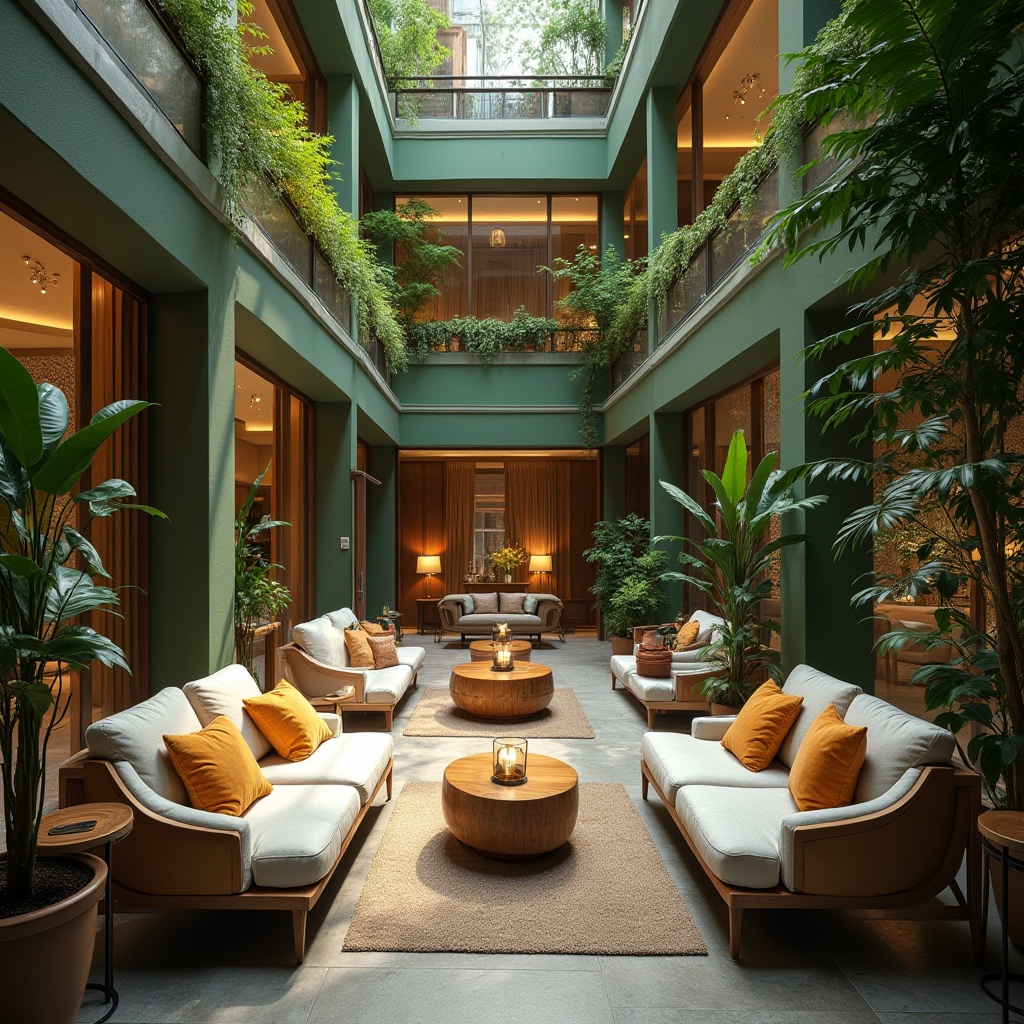 Prompt: Bright airy atrium, lush green walls, natural stone flooring, wooden accents, minimalist decor, floor-to-ceiling windows, abundant daylight, cozy seating areas, plush sofas, vibrant throw pillows, modern chandeliers, open-plan layout, spacious feel, warm earthy tones, soft warm lighting, shallow depth of field, 3/4 composition, realistic textures, ambient occlusion.