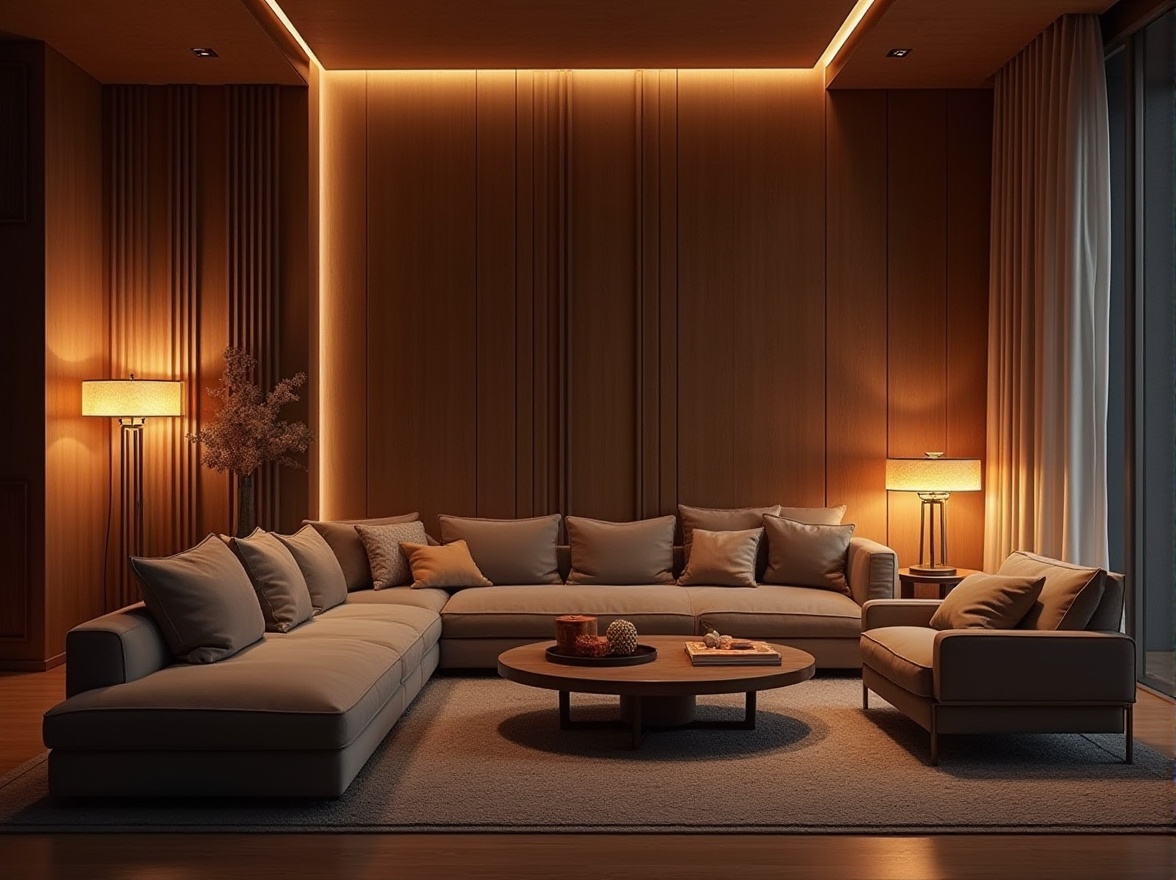 Prompt: Luxurious living room, warm ambient lighting, floor lamps, table lamps, softbox lights, LED strips, pendant lights, cozy atmosphere, rich wood tones, plush furniture, velvety textures, metallic accents, elegant decor, natural materials, earthy color palette, subtle shadows, 1/2 composition, shallow depth of field, realistic renderings.