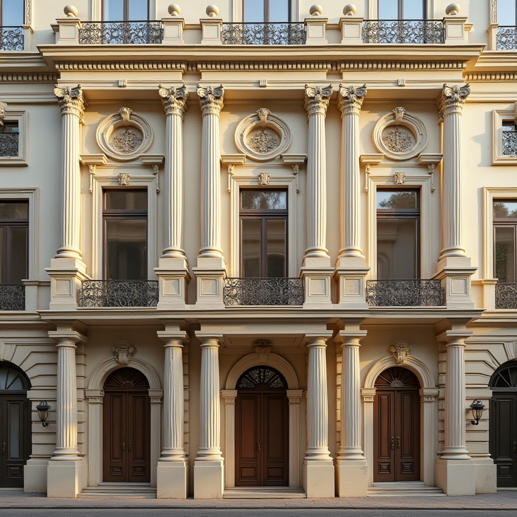 Prompt: Elegant residential facade, Corinthian columns, ornate capitals, intricately carved entablatures, symmetrical composition, grand entranceways, rusticated bases, Ionic pilasters, sweeping arches, balconies with intricate metalwork, ornate doorways, richly textured stonework, cream-colored marble, subtle shading, warm golden lighting, shallow depth of field, 2/3 composition, classical proportions, realistic materials, ambient occlusion.