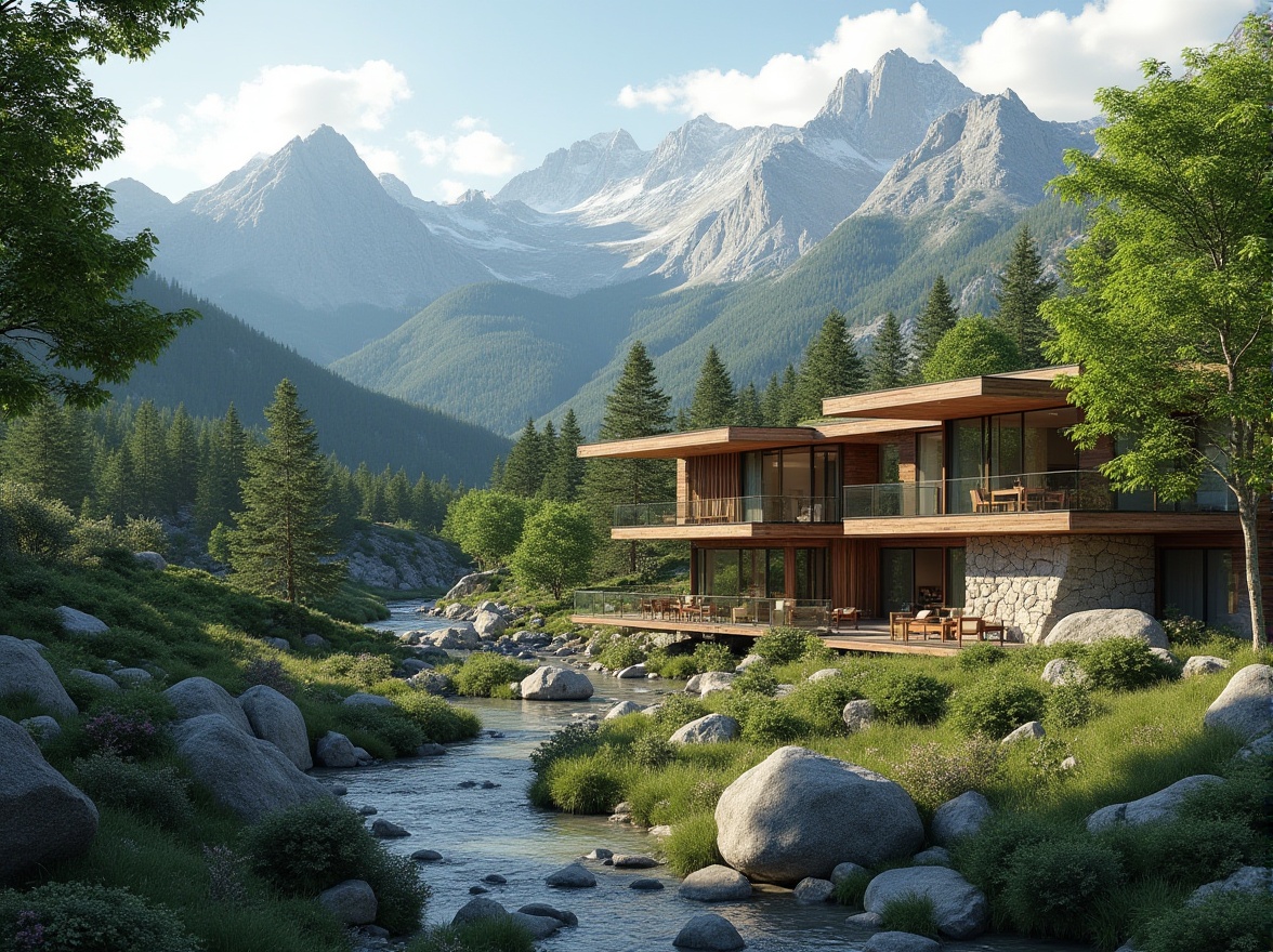 Prompt: Mountainous backdrop, lush green forests, meandering streams, rocky outcrops, modern architectural structures, cantilevered roofs, floor-to-ceiling windows, seamless indoor-outdoor transitions, natural stone walls, reclaimed wood accents, earthy color palette, organic forms, sustainable building materials, energy-efficient systems, native plant species, wildlife habitats, panoramic views, shallow depth of field, 3/4 composition, realistic textures, ambient occlusion.