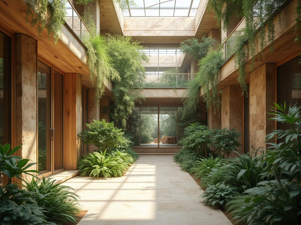 Prompt: Vibrant atrium, lush greenery, natural stone walls, wooden accents, floor-to-ceiling windows, sliding glass doors, skylights, clerestory windows, open-plan layout, minimalist decor, earthy color palette, warm beige tones, soft diffused lighting, indirect illumination, ambient shadows, 1/1 composition, symmetrical framing, realistic textures, subtle depth of field.