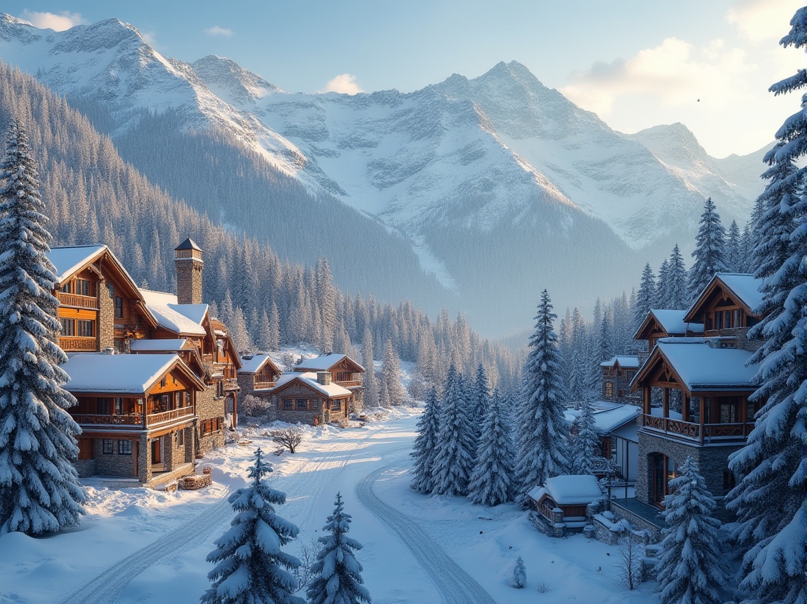 Prompt: Snow-capped mountains, ski resort architecture, wooden chalets, rustic stone buildings, cozy fireplaces, snowflake patterns, frozen lakes, pine tree forests, ski lifts, mountain peaks, frosty mornings, warm golden lighting, soft focus, 3/4 composition, aerial view, realistic textures, ambient occlusion.