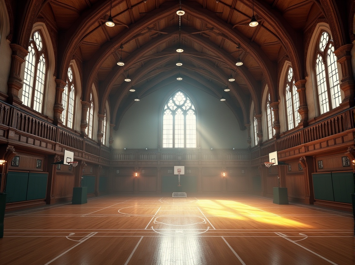 Prompt: Grand gymnasium, vaulted ceilings, Gothic arches, ribbed vaults, pointed windows, stained glass, ornate tracery, rich wood tones, polished wooden floors, athletic equipment, basketball hoops, gymnastic apparatus, suspended track lights, dramatic high contrast lighting, atmospheric fog effects, 1/1 composition, symmetrical framing, warm color palette, realistic textures, ambient occlusion.Let me know if you need any adjustments!