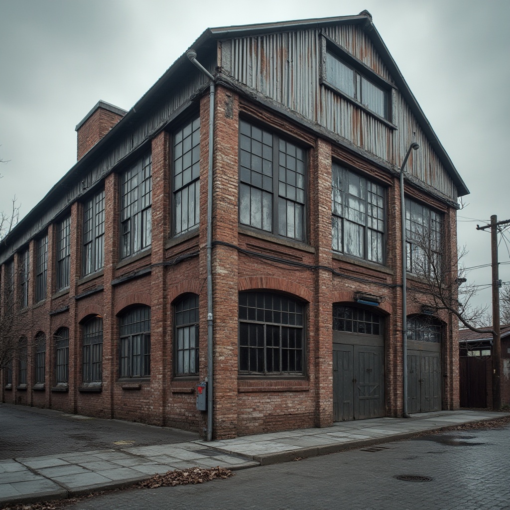 Prompt: Rustic industrial warehouse, exposed brick facade, steel beams, metal cladding, corrugated iron sheets, modern minimalist aesthetic, neutral color palette, bold typography, urban cityscape, cloudy grey sky, dramatic shadows, high-contrast lighting, 1-point perspective, shallow depth of field, realistic textures, ambient occlusion.