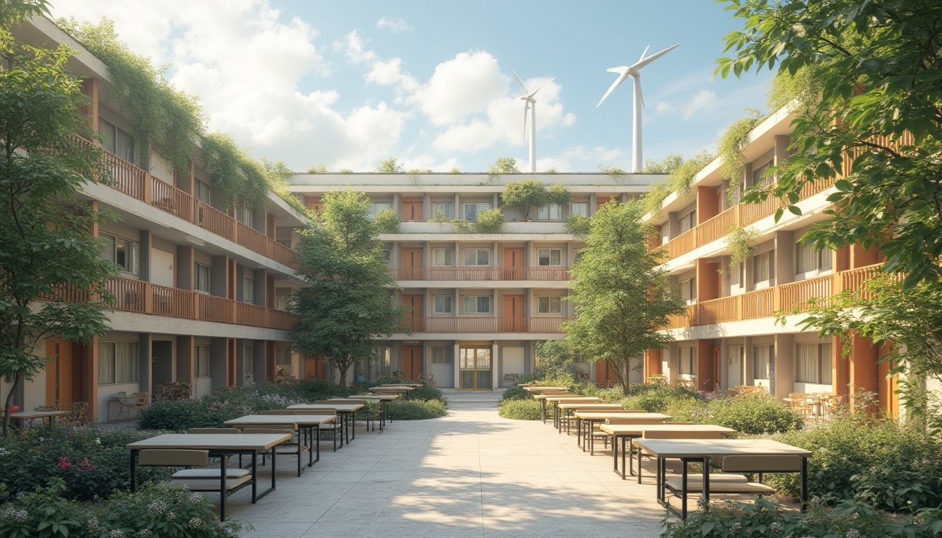 Prompt: Eco-friendly high school social housing, green roofs, solar panels, wind turbines, water conservation systems, recycled materials, natural ventilation, abundant daylight, minimalist decor, communal living spaces, shared kitchen facilities, cozy reading nooks, vibrant colorful murals, educational signage, accessible ramps, wide corridors, flexible learning areas, collaborative workspaces, soft warm lighting, shallow depth of field, 3/4 composition, panoramic view, realistic textures, ambient occlusion.