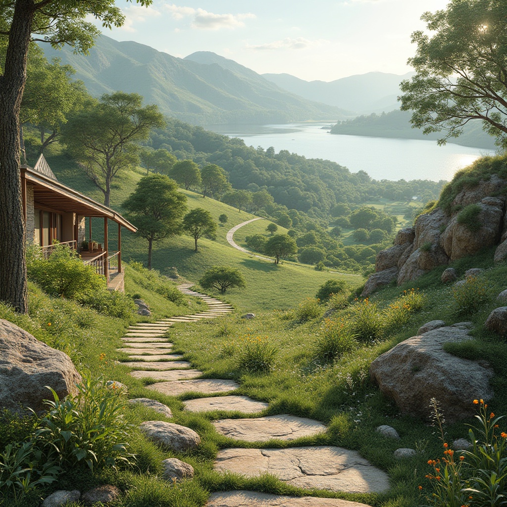 Prompt: Seamless landscape integration, rolling hills, serene lakeside, lush greenery, vibrant wildflowers, meandering stone pathways, natural rock formations, weathered wood accents, eco-friendly materials, sustainable design principles, organic architecture, curved lines, earthy color palette, soft warm lighting, shallow depth of field, 3/4 composition, panoramic view, realistic textures, ambient occlusion.