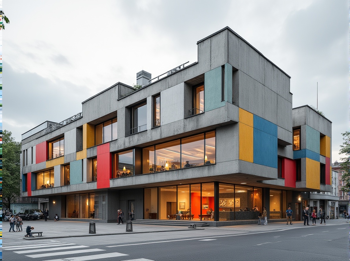 Prompt: Geometric Bauhaus visitor center, asymmetrical facade, bold color blocking, rectangular windows, cantilevered roofs, industrial materials, exposed ductwork, minimalist interior, functional furniture, modernist architecture, brutalist elements, urban surroundings, busy streets, vibrant street art, cloudy sky, soft natural lighting, shallow depth of field, 2/3 composition, realistic textures, ambient occlusion.