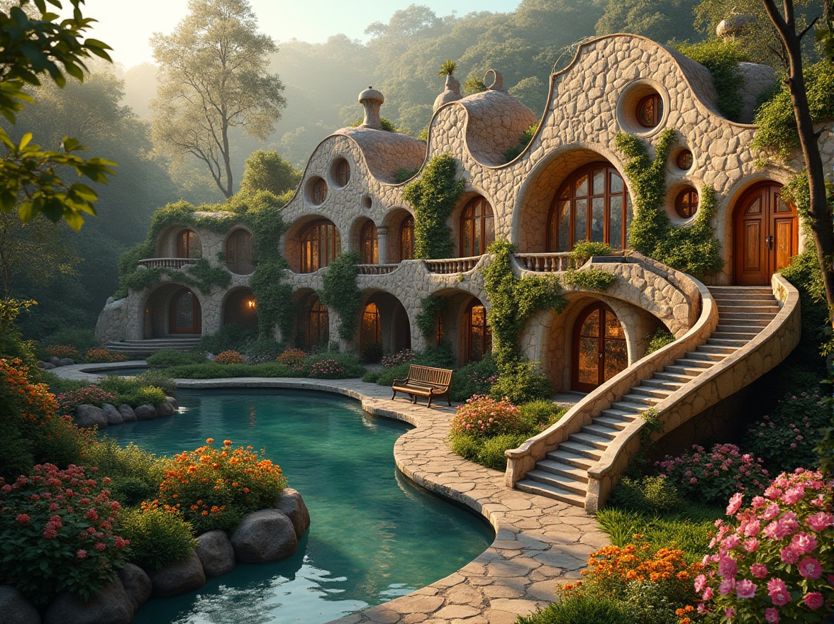 Prompt: Whimsical Art Nouveau building, ornate metalwork, flowing organic lines, vibrant flower patterns, sinuous curves, decorative stonework, lush greenery, blooming gardens, tranquil pond, walking paths, rustic benches, natural stone walls, winding staircases, stained glass windows, intricate mosaics, warm golden lighting, shallow depth of field, 1/1 composition, intimate perspective, dreamy atmosphere, soft focus, romantic colors.