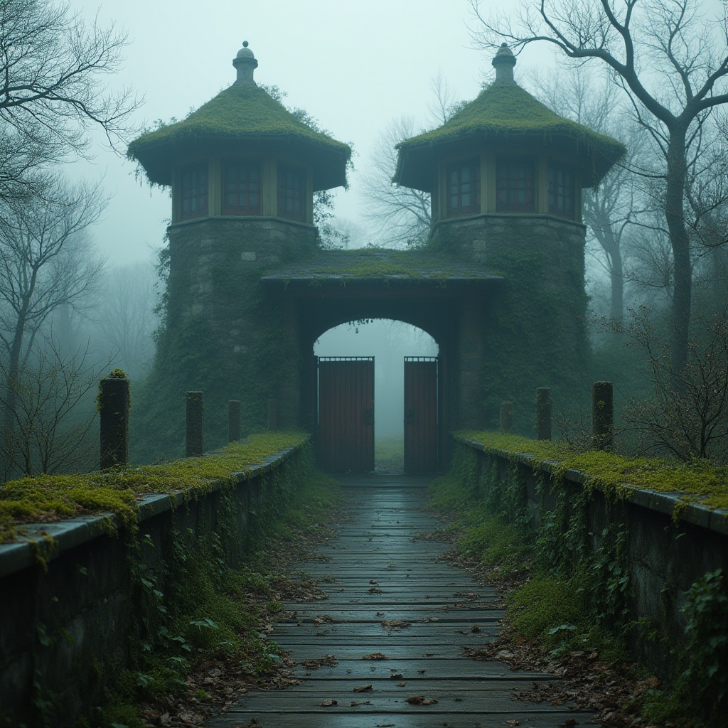 Prompt: Eerie watching towers, abandoned structure, overgrown with vines, moss-covered stones, worn wooden planks, rusted metal gates, mysterious atmosphere, foggy misty day, soft diffused lighting, shallow depth of field, 1/1 composition, cinematic view, realistic textures, ambient occlusion.