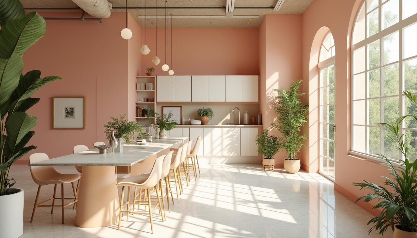 Prompt: Vibrant design studio, modern minimalist interior, pastel color scheme, soft peach tones, creamy whites, rich charcoal accents, metallic silver highlights, natural wood textures, sleek glass surfaces, Scandinavian-inspired furniture, abundant greenery, bright sunny day, warm atmospheric lighting, shallow depth of field, 3/4 composition, realistic reflections.