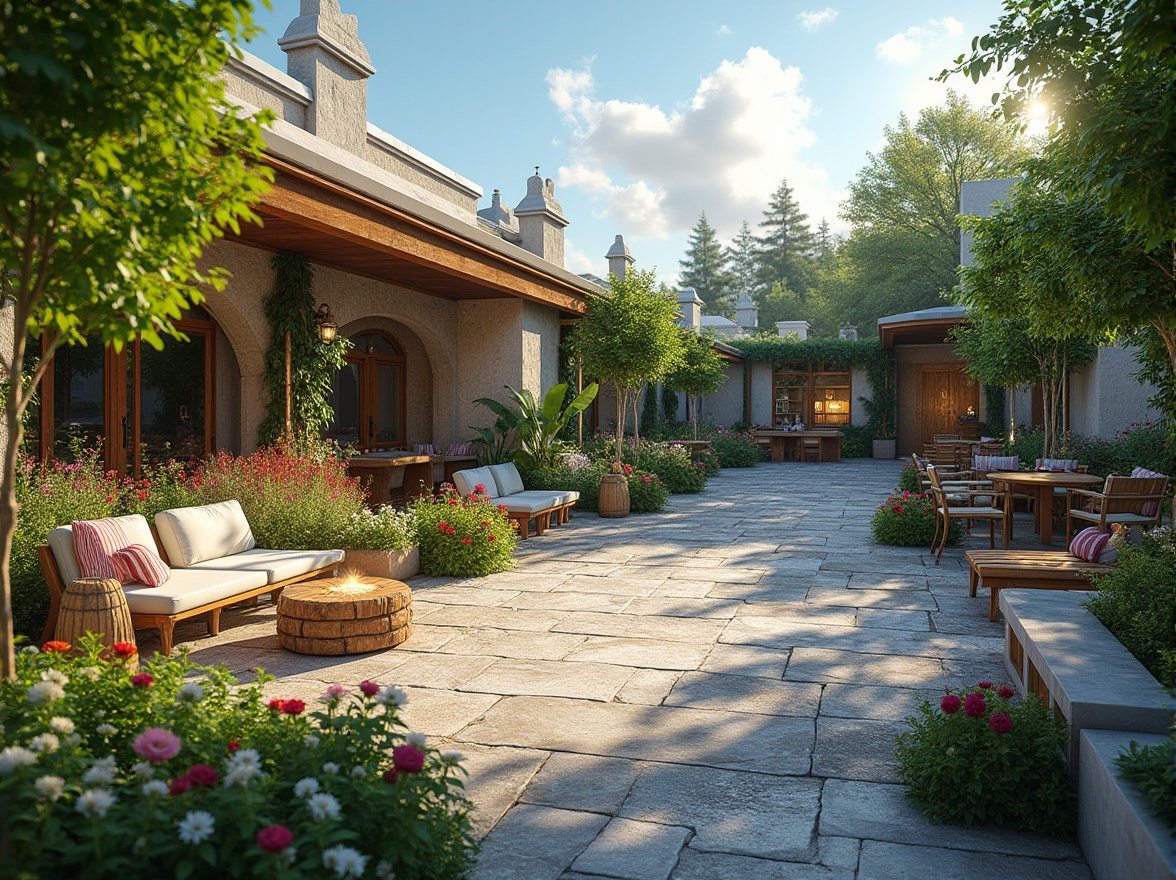 Prompt: Inviting patio, lush greenery, vibrant flowers, comfortable seating areas, wooden benches, stone pathways, modern outdoor lighting, soft warm ambiance, shallow depth of field, 3/4 composition, panoramic view, realistic textures, ambient occlusion, sunny day, blue sky, puffy white clouds, gentle breeze, serene atmosphere, natural materials, reclaimed wood accents, cozy fire pit, intimate gathering spaces, decorative planters, artistic sculptures.