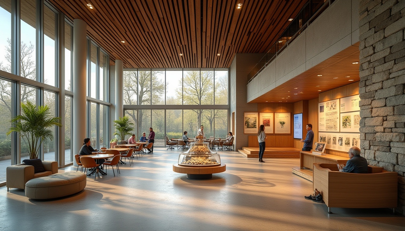 Prompt: Welcoming visitor center, modern minimalist design, open floor plan, sleek lines, natural materials, wooden accents, floor-to-ceiling windows, abundant natural light, comfortable seating areas, interactive exhibit spaces, digital displays, informative signage, cozy reading nooks, rustic stone walls, earthy color palette, warm ambient lighting, shallow depth of field, 1/1 composition, realistic textures, ambient occlusion.