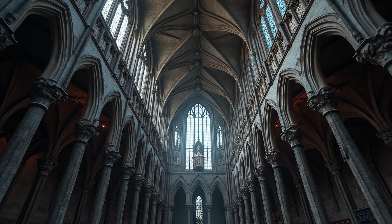 Prompt: Intricate Gothic arches, ribbed vaults, pointed spires, ornate stone carvings, grandiose stained glass windows, steel framework, reinforced columns, minimalist ornaments, industrial aesthetics, urban cityscape, overcast skies, dramatic chiaroscuro lighting, low-angle shots, 1/1 composition, cinematic atmosphere, realistic reflections, ambient occlusion.