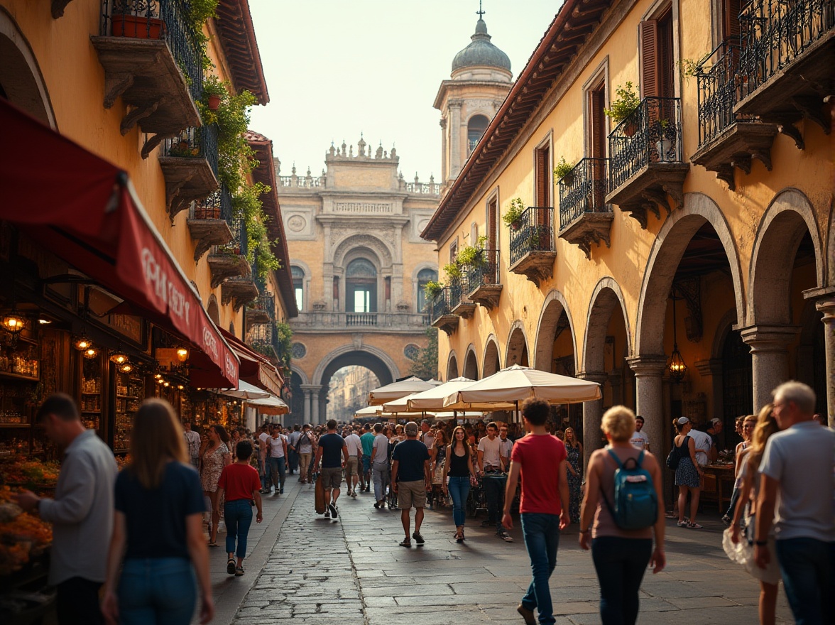 Prompt: Vibrant market scene, ornate facades, grand arches, rustic stone walls, wooden shutters, metal lanterns, colorful awnings, lively street performers, bustling crowds, Renaissance-inspired architecture, decorative cornices, ornamental columns, balconies with intricate ironwork, red-tiled roofs, warm golden lighting, shallow depth of field, 1/2 composition, dramatic shadows, high-contrast textures, ambient occlusion.