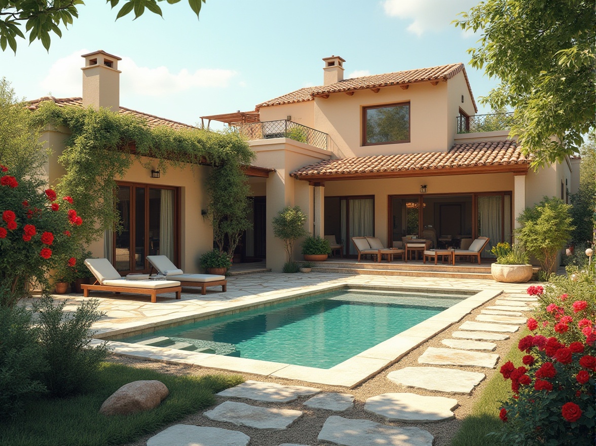 Prompt: Serene villa, Mediterranean style, earthy tones, warm beige walls, soft sage roofs, lush greenery, vibrant bougainvillea flowers, tranquil pool area, natural stone walkways, wooden accents, large windows, sliding glass doors, bright sunny day, soft warm lighting, shallow depth of field, 3/4 composition, panoramic view, realistic textures, ambient occlusion.