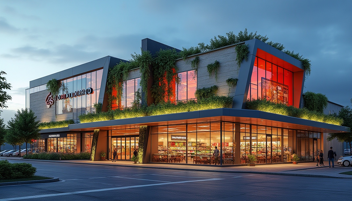 Prompt: Vibrant supermarket exterior, dynamic LED lighting, futuristic glass fa\u00e7ade, angular metal framework, cantilevered rooflines, vertical green walls, living plant installations, natural stone cladding, sleek aluminum accents, energy-efficient systems, solar panels, rainwater harvesting, recycled materials, bold color schemes, geometric patterns, minimalist signage, spacious parking lots, urban landscape integration, morning sunlight, shallow depth of field, 1/2 composition, realistic textures, ambient occlusion.