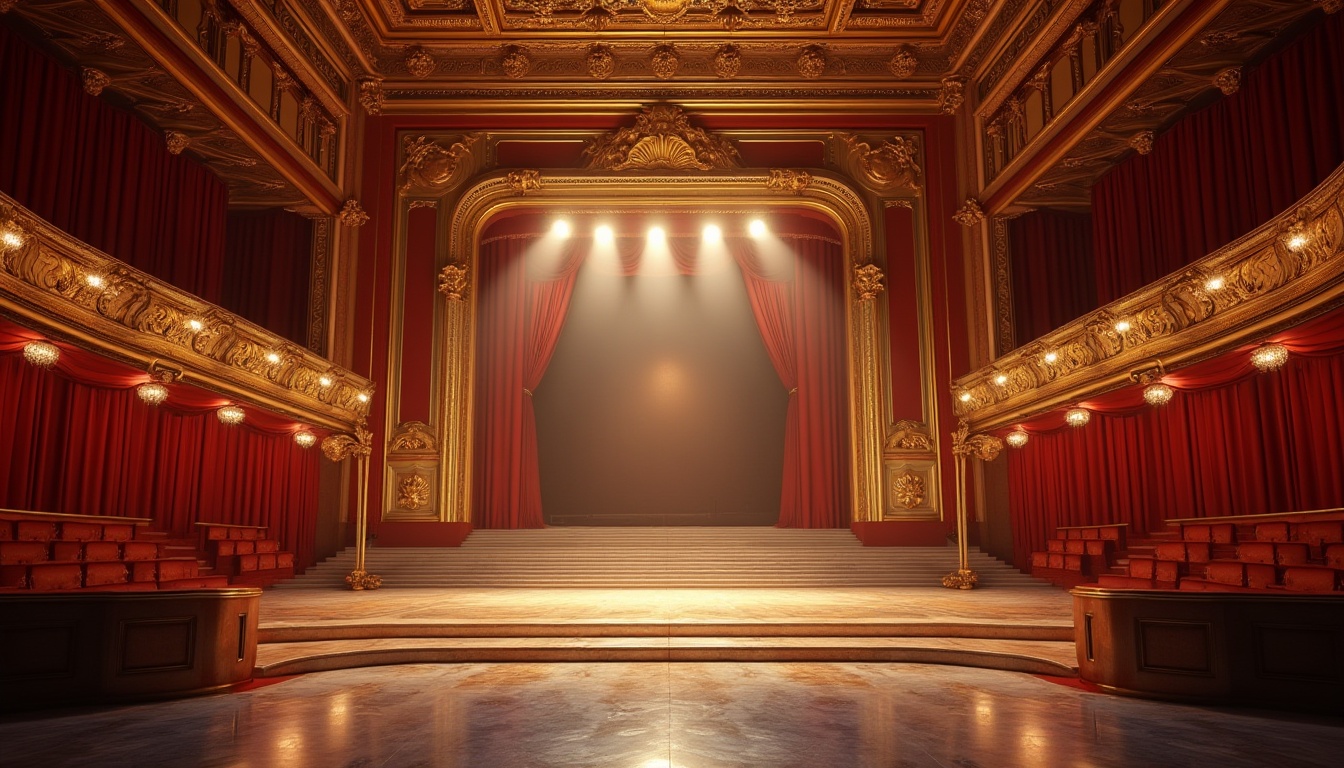 Prompt: Grandiose theater, ornate golden details, red velvet curtains, dramatic stage lighting, warm spotlights, soft ambient glow, crystal chandeliers, luxurious marble floors, sweeping staircases, lavish foyer, international style architecture, modernist lines, rectangular forms, flat roofs, minimal ornamentation, functional simplicity, high ceilings, spacious interior, elegant balconies, subtle color palette, sophisticated atmosphere, evening ambiance, warm white lighting, 1/2 composition, shallow depth of field, realistic textures.