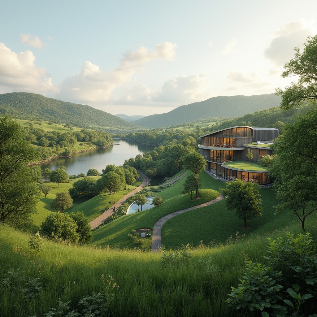 Prompt: Rolling hills, lush green meadows, serene lakeside, modern curved architecture, sustainable design, eco-friendly materials, living roofs, green walls, natural stone fa\u00e7ades, floor-to-ceiling windows, seamless transitions, outdoor recreational spaces, walking trails, benches, water features, soft warm lighting, shallow depth of field, 3/4 composition, panoramic view, realistic textures, ambient occlusion.