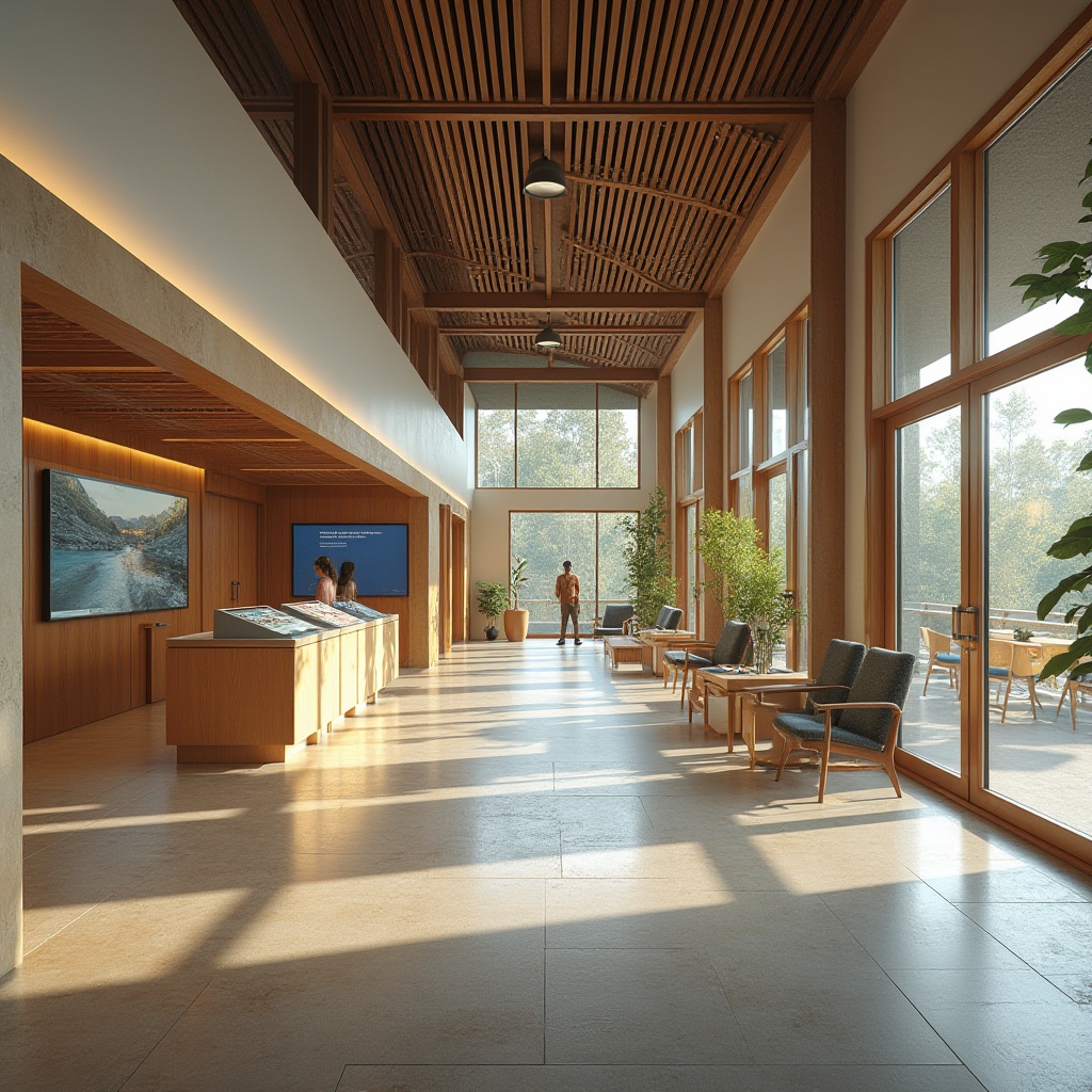 Prompt: Modern visitor center, open-plan interior, minimalist decor, sleek lines, functional furniture, interactive exhibits, digital displays, informative signage, cozy seating areas, natural stone flooring, wooden accents, abundant natural light, warm color scheme, shallow depth of field, 1/2 composition, panoramic view, realistic textures, ambient occlusion.