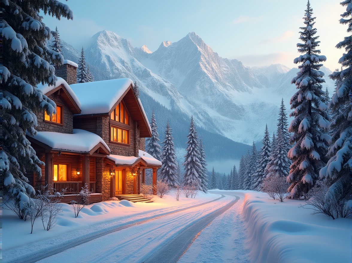 Prompt: Snow-capped mountains, frosty mornings, wooden ski lodges, warm fireplaces, rustic stone walls, earthy tones, pine trees, snowy landscapes, frozen lakes, winter sports equipment, vibrant neon signs, cozy cabin interiors, natural wood accents, warm beige textiles, soft creamy lighting, 1/2 composition, atmospheric mist, realistic snowflakes, ambient occlusion.