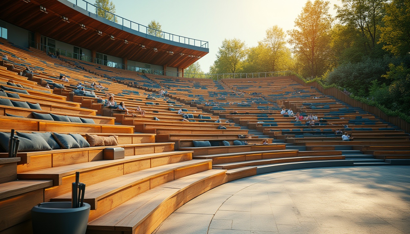 Prompt: Tiered seating, curved rows, comfortable cushions, wooden benches, vibrant color schemes, modern amphitheater design, sleek metal railings, open-air atmosphere, lush green surroundings, sunny day, soft warm lighting, shallow depth of field, 3/4 composition, panoramic view, realistic textures, ambient occlusion, stepped flooring, inclined planes, accessible ramps, integrated technology systems, wireless charging stations, interactive displays, flexible seating configurations, modular furniture designs.