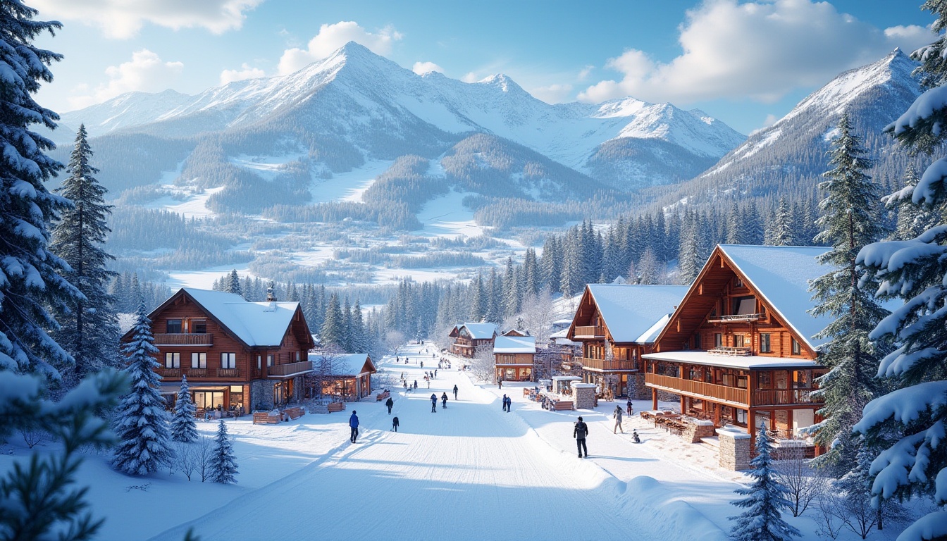 Prompt: Vibrant ski resort, snowy mountainous landscape, pine trees, chairlifts, ski trails, snowflakes, frozen lakes, wooden chalets, modern architecture, large windows, rustic interiors, cozy fireplaces, warm lighting, shallow depth of field, 3/4 composition, panoramic view, realistic textures, ambient occlusion, skiers and snowboarders, winter sports equipment, festive atmosphere, holiday decorations, hot chocolate stands, souvenir shops, ski school signs, instructor guidance, gentle slopes, challenging black diamond runs.