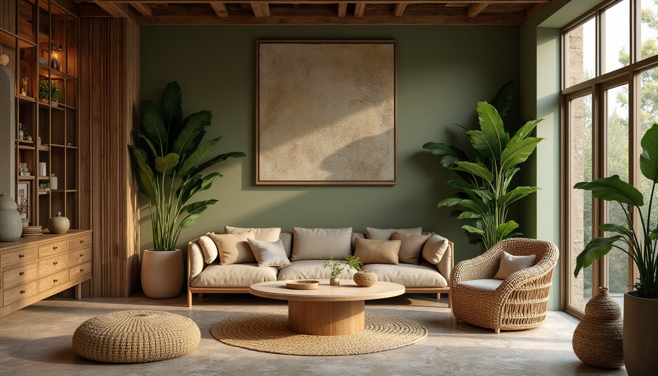 Prompt: Earthy tones, reclaimed wood accents, living green walls, organic shapes, natural stone flooring, bamboo furniture, woven textiles, jute rugs, rattan decorations, earthy color palette, warm ambient lighting, soft shadows, 3/4 composition, realistic textures, ambient occlusion, cozy atmosphere, serene ambiance.