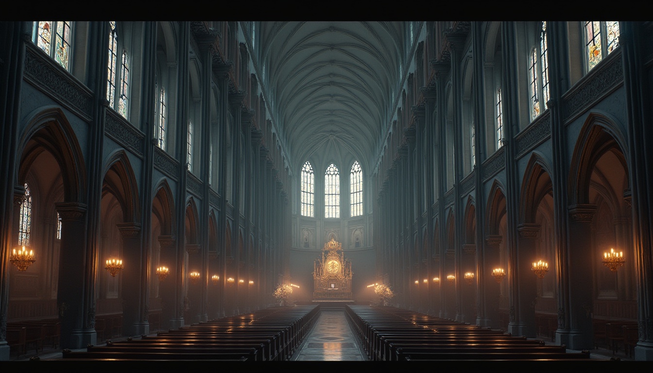 Prompt: Soaring cathedral ceilings, grandiose arches, ribbed vaults, pointed windows, intricate stone carvings, dramatic vertical lines, mystical stained glass, ornate chapels, sacred altarpieces, devotional statues, mysterious ambiance, low-key lighting, atmospheric fog, 1/2 composition, symmetrical framing, high contrast, cinematic mood, realistic textures, subtle ambient occlusion.