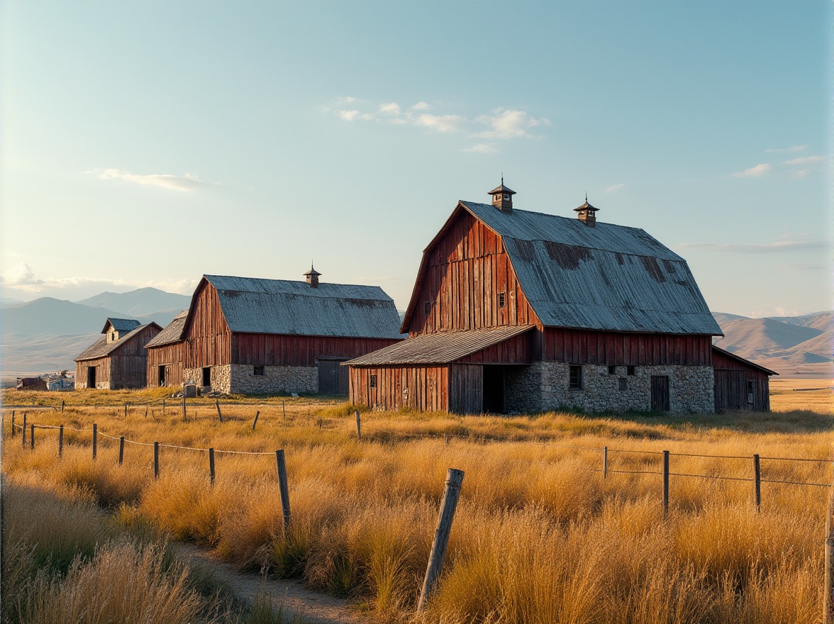 Prompt: Rustic barns, distressed wood textures, corrugated metal roofs, weathered stone foundations, asymmetrical silhouettes, bold geometric shapes, vibrant rural landscapes, rolling hills, vast open skies, warm sunlight, soft shadows, 1/1 composition, shallow depth of field, panoramic view, realistic rustic details, ambient occlusion.