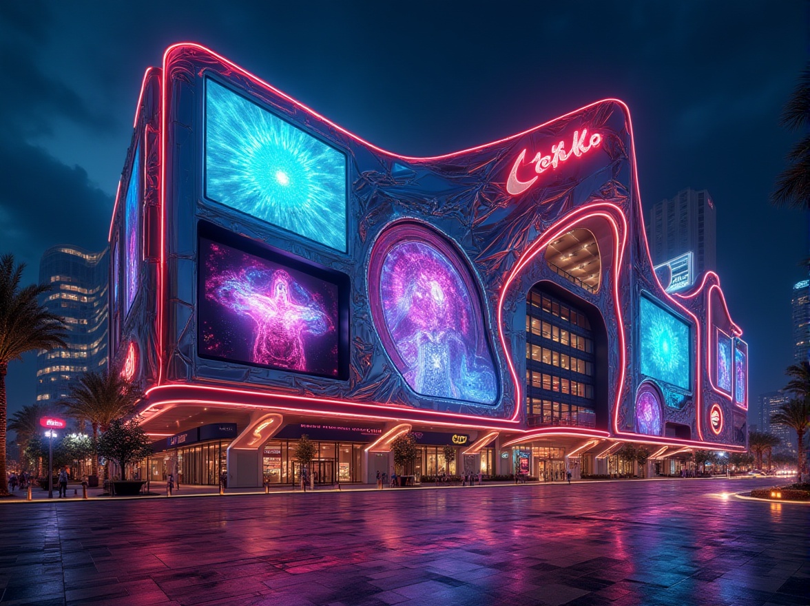 Prompt: Futuristic casino facade, neon lights, giant LED screens, metallic surfaces, angular lines, dynamic patterns, sleek curves, high-gloss finishes, polished chrome accents, vibrant color scheme, dramatic lighting effects, 3D projection mapping, urban cityscape, bustling nightlife atmosphere, low-angle shot, cinematic composition, realistic reflections, advanced shaders.