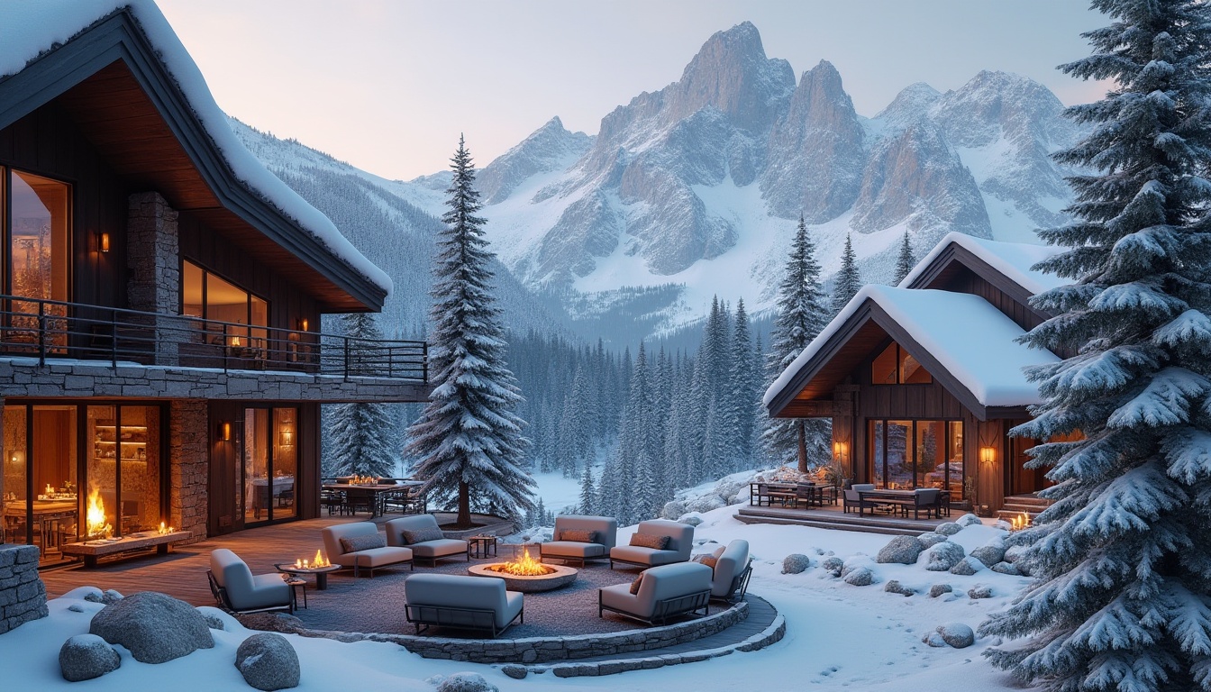 Prompt: Snow-capped mountain peaks, rustic wooden accents, natural stone walls, warm candle lighting, cozy fireplaces, plush furnishings, earthy color palette, organic shapes, textured concrete floors, metallic railings, ski lift infrastructure, frozen lakeside views, snowy forest surroundings, dramatic rooflines, angular modern architecture, large windows, snow-covered rooftops, wooden decking, outdoor furniture, soft warm lighting, shallow depth of field, 3/4 composition, panoramic view, realistic textures, ambient occlusion.