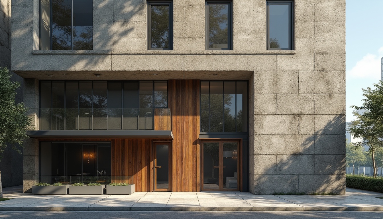 Prompt: Modern building facade, exposed concrete walls, rough stone textures, metallic cladding, reflective glass surfaces, wooden accents, reclaimed wood panels, industrial chic aesthetic, urban cityscape, sunny day, dramatic shadows, high-contrast lighting, 1/2 composition, cinematic perspective, atmospheric fog, realistic reflections, subtle ambient occlusion.