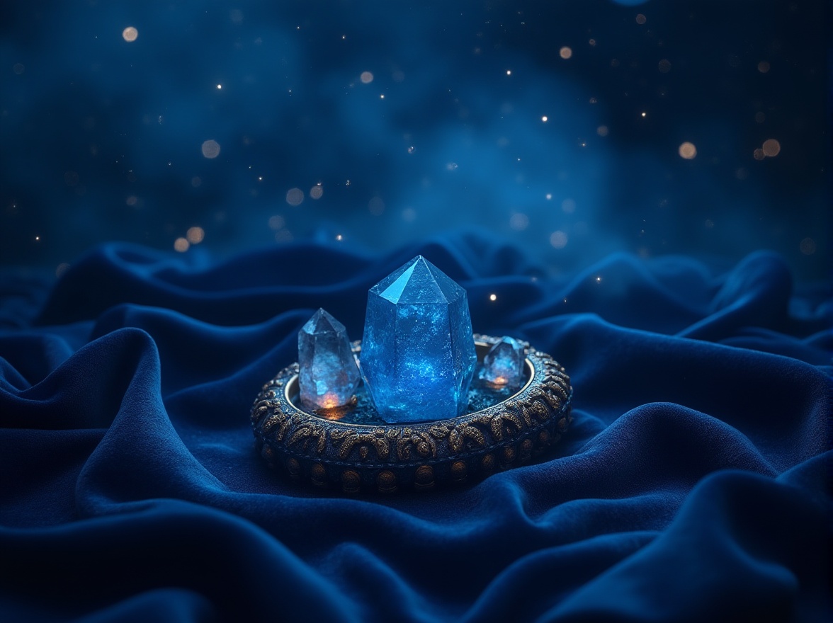 Prompt: Mysterious indigo night sky, starry twinkles, dark blue hue, luxurious velvet fabric, ornate gold accents, mystical crystal clusters, ancient wisdom symbols, dimly lit ambiance, soft misty atmosphere, cinematic 3/4 composition, shallow depth of field, vibrant color contrast, realistic texture details, ambient occlusion.