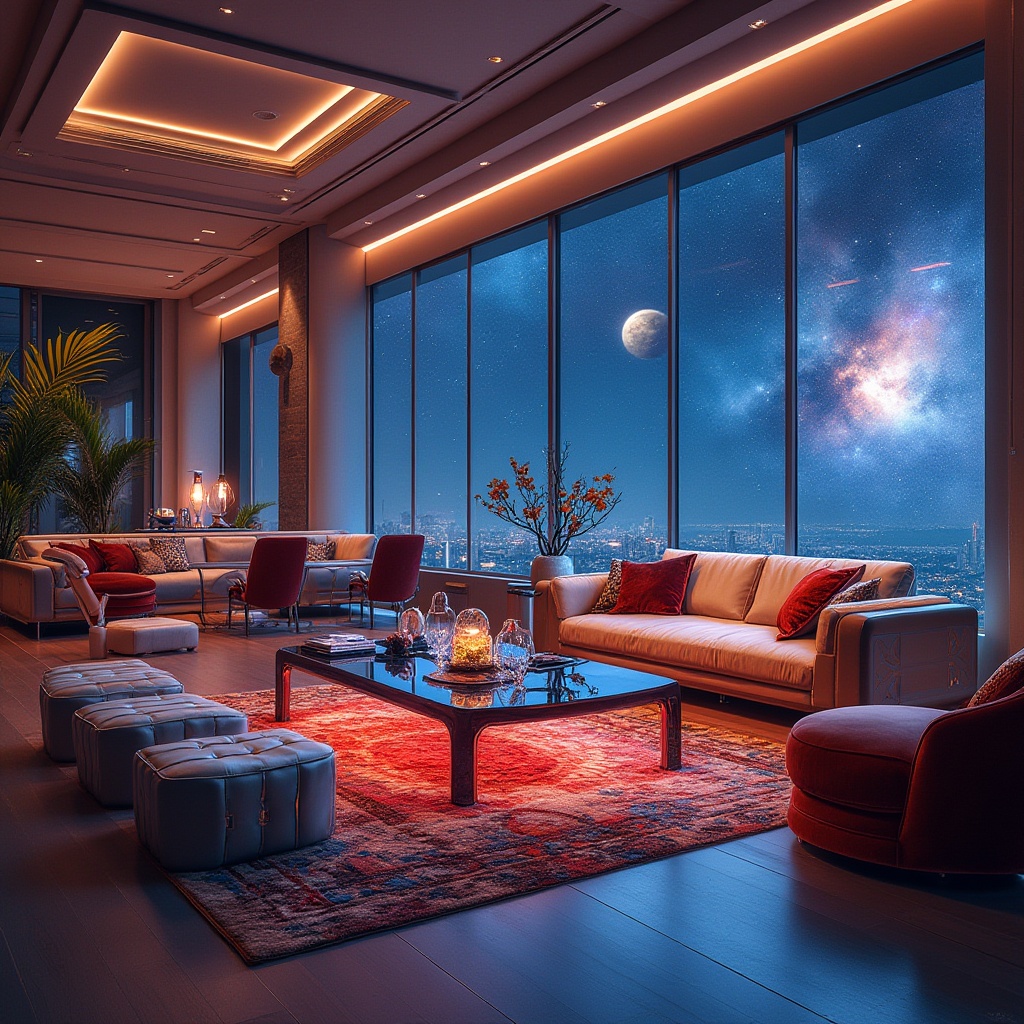 Prompt: Futuristic living room, sleek metal furniture, angular lines, minimalist design, vibrant colorful textiles, intricate geometric motifs, ambient lighting, soft warm glow, shallow depth of field, 3/4 composition, realistic materials, luxurious velvet sofas, metallic accents, high-tech gadgets, virtual reality devices, holographic displays, neon-lit cityscape views, starry night sky, cosmic-inspired patterns, avant-garde artwork, futuristic sculptures, polished chrome surfaces, ambient electronic music.