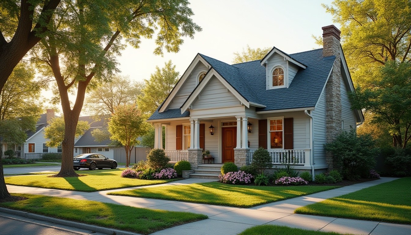 Prompt: Suburban residence, cozy porch, vinyl siding, wooden shutters, manicured lawn, blooming gardens, mature trees, paved driveways, quiet neighborhood streets, soft natural lighting, warm afternoon sun, 1/1 composition, realistic textures, ambient occlusion.