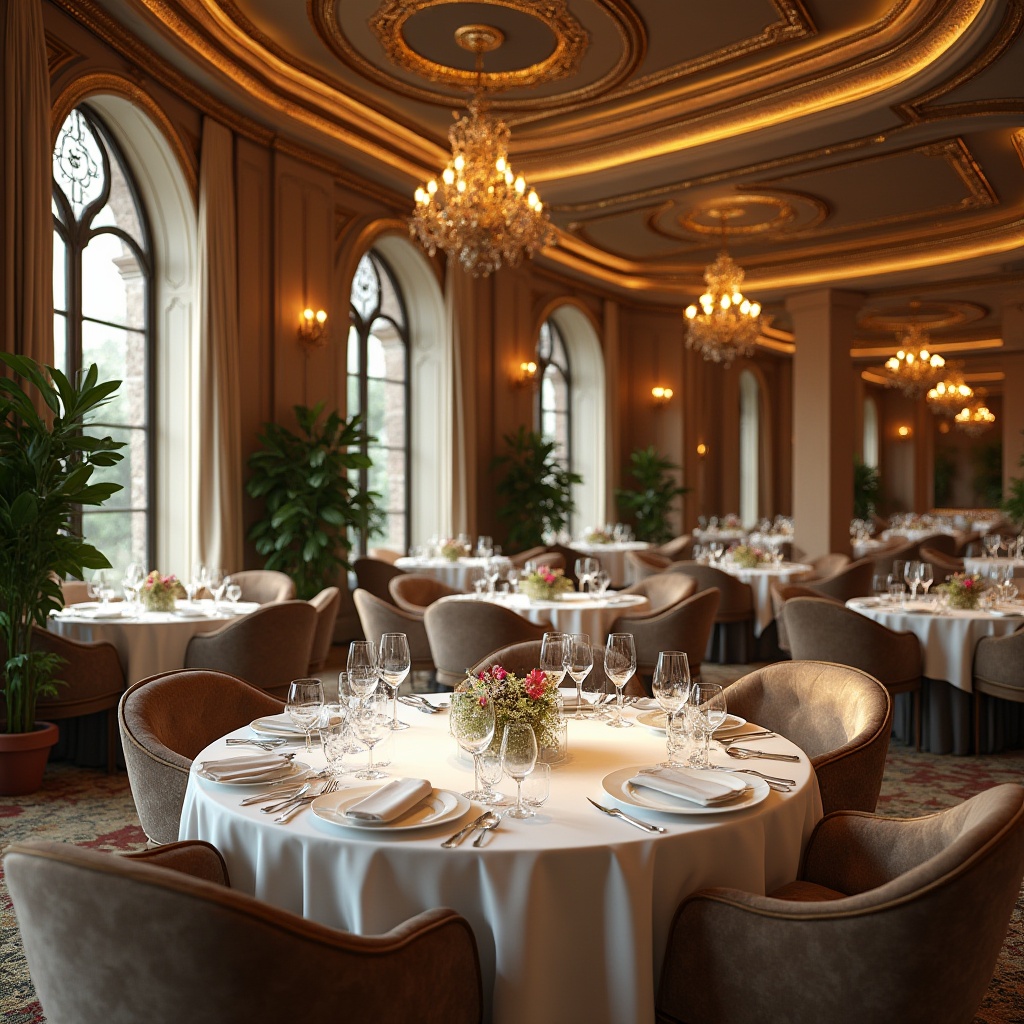 Prompt: Elegant dining hall, rich wood tones, luxurious velvet fabrics, warm golden lighting, sophisticated neutral colors, creamy whites, soft grays, earthy browns, majestic chandeliers, ornate mirrors, refined table settings, comfortable seating areas, lush greenery, subtle patterns, natural textures, soft focus, shallow depth of field, 1/2 composition, realistic renderings.