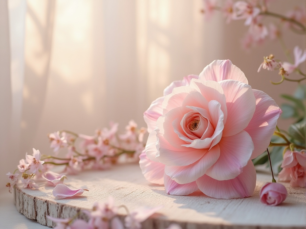 Prompt: Soft lilac hues, pastel pink undertones, creamy whites, warm beige accents, natural wood textures, botanical illustrations, delicate florals, lush greenery, gentle misty lighting, shallow depth of field, 1/2 composition, intimate atmosphere, realistic rendering, ambient occlusion.