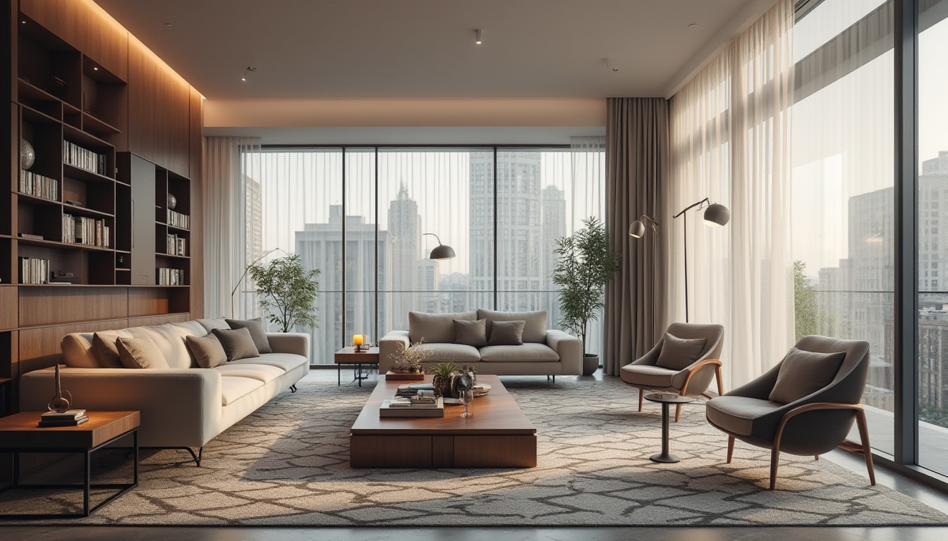 Prompt: Modern living room, sleek minimalist decor, comfortable sofas, coffee table, floor lamps, large windows, natural light, urban views, functional shelving units, geometric patterned rugs, soft warm lighting, 1/2 composition, shallow depth of field, realistic textures, ambient occlusion.