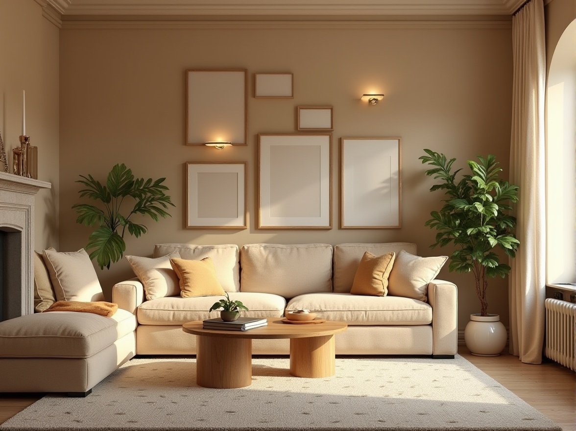 Prompt: Cozy living room, warm beige walls, plush velvet sofas, wooden coffee tables, soft golden lighting, comfortable throw pillows, lush green plants, natural stone fireplaces, minimalist decorative frames, calm ambiance, 1/1 composition, shallow depth of field, warm color palette, inviting atmosphere, elegant chandeliers, creamy white carpets, subtle texture patterns.