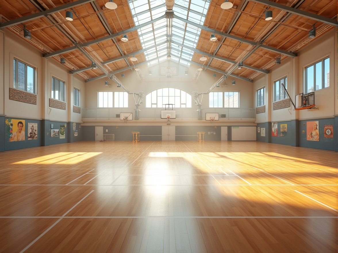 Prompt: Spacious gymnasium interior, abundant natural lighting, large windows, clerestory rooflights, translucent skylights, polished wooden floors, athletic tracks, basketball courts, volleyball nets, exercise equipment, motivational posters, bright color schemes, airy atmosphere, soft warm glow, shallow depth of field, 1/2 composition, panoramic view, realistic textures, ambient occlusion.