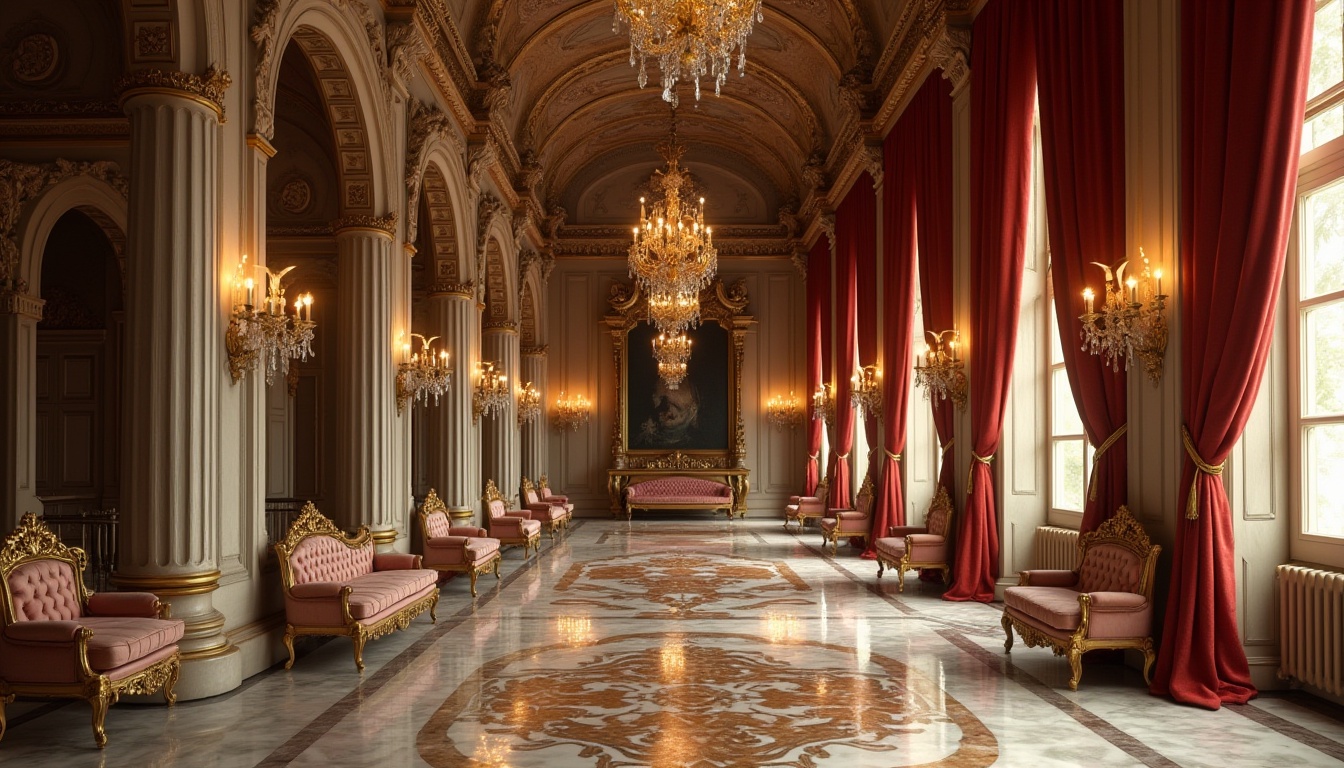 Prompt: Ornate Baroque facade, richly textured stone carvings, intricately patterned marble floors, gilded ornamental details, lavish velvet drapes, heavily ornamented wooden furnishings, dramatic chandelier lighting, warm golden color palette, highly reflective surfaces, subtle noise texture, cinematic camera angles, 1/2 composition, shallow depth of field, soft focus blur.